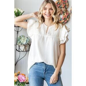 Neutral old money crinkle guaze ruffe boxy glam top L Bibi comfort casual EUC